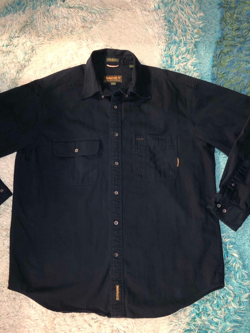 Timberland Weathergear Rugged Fit Navy Twill Cotton Button-Up Shirt L Pockets